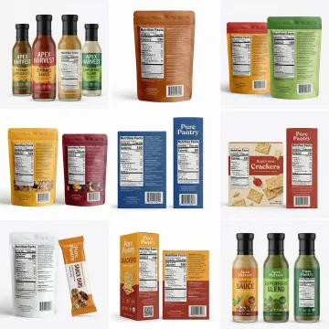 Variety of colorful, compliant food labels on different packaging formats