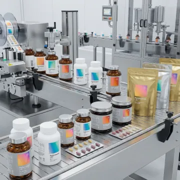 Various supplement bottles and packaging on production line