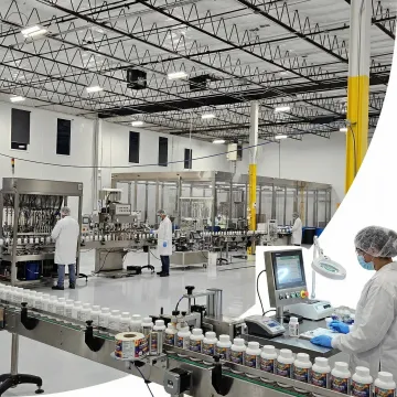 Professional supplement packaging facility with bottling and labeling equipment