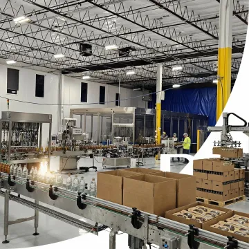 Corrugated secondary packaging with beverage bottles on automated production line