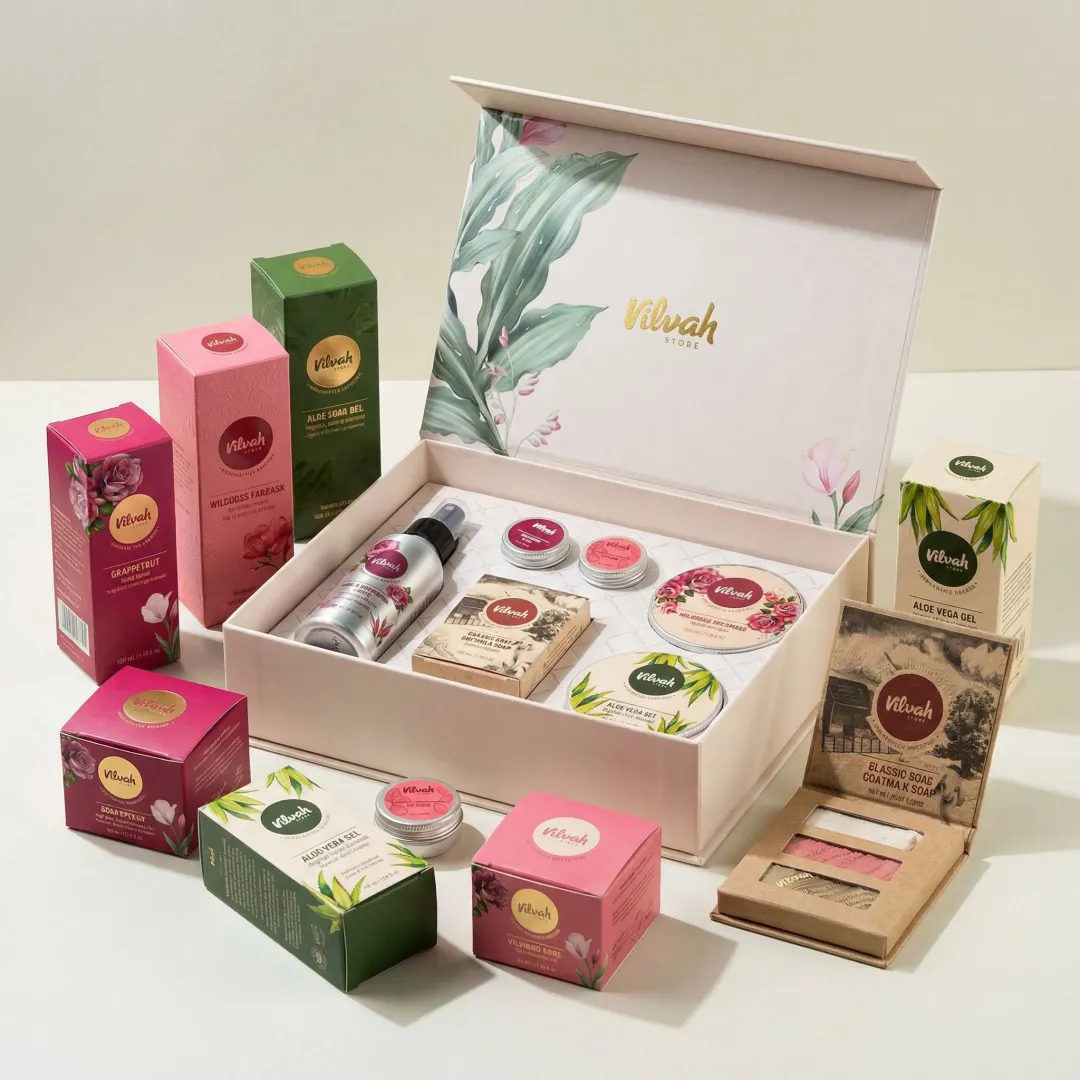 Variety of custom printed packaging boxes and materials showcasing different printing techniques