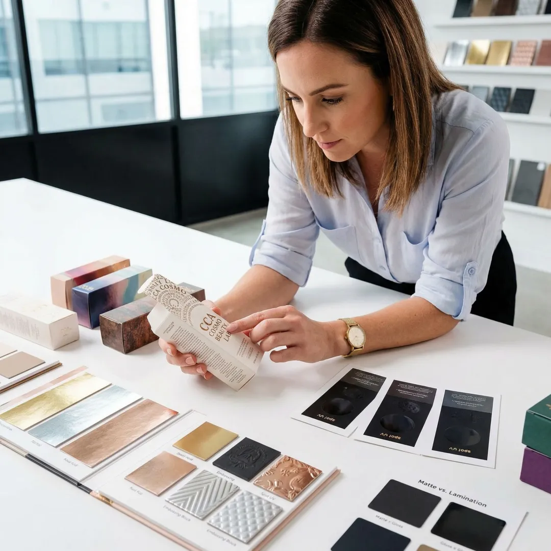 Designer reviewing custom folding carton prototypes with finishing samples