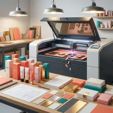 Designer reviewing custom packaging prototypes with laser cutting equipment in background