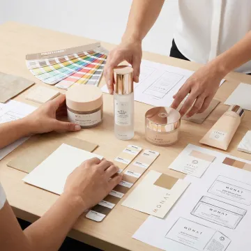 Designer reviewing custom packaging prototypes with color swatches and printed samples on table