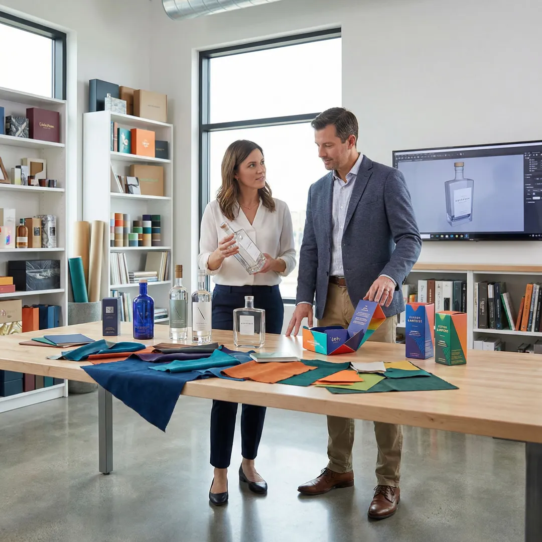 Team of packaging experts reviewing custom product designs and material samples