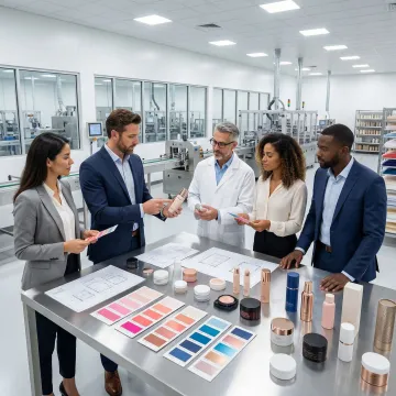 Project manager reviewing custom plastic packaging designs with manufacturing team in modern facility