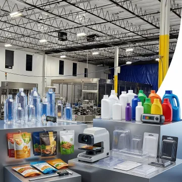 Custom plastic bottles and containers arranged on a clean industrial surface showing various packaging designs