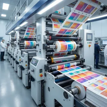 High-quality custom product labels being printed on commercial printing press