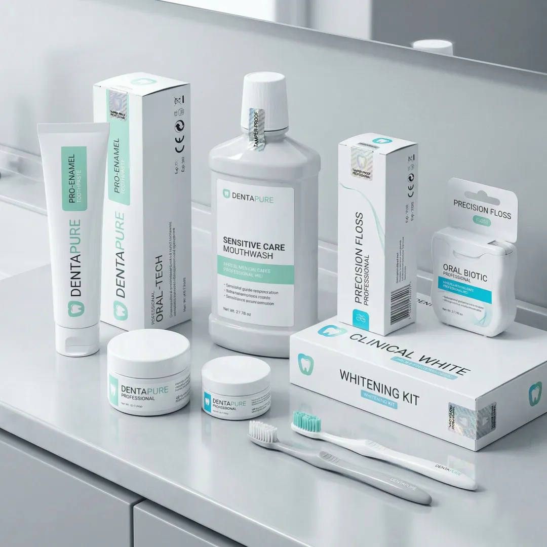 High-quality dental product packaging with professional branding and compliance labeling