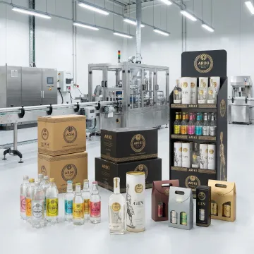 Custom packaging solutions including branded boxes, bottles, and displays arranged on a production facility table