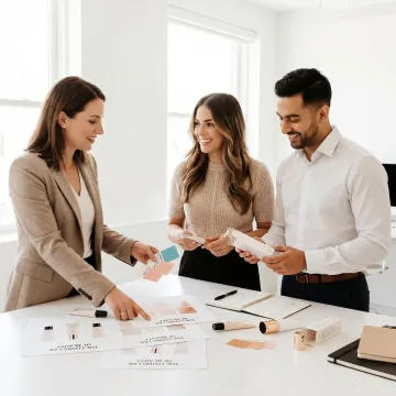 Team reviewing custom packaging prototypes with branded boxes and printing samples on conference table