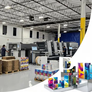 Modern commercial printing and packaging facility with high-quality printing equipment and packaging materials