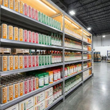 Finished branded beverage bottles and cans ready for retail distribution