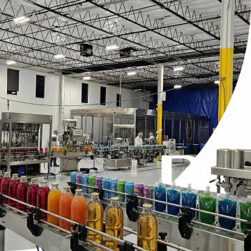 Beverage co-packing facility with bottles, cans, and pouches on a production line