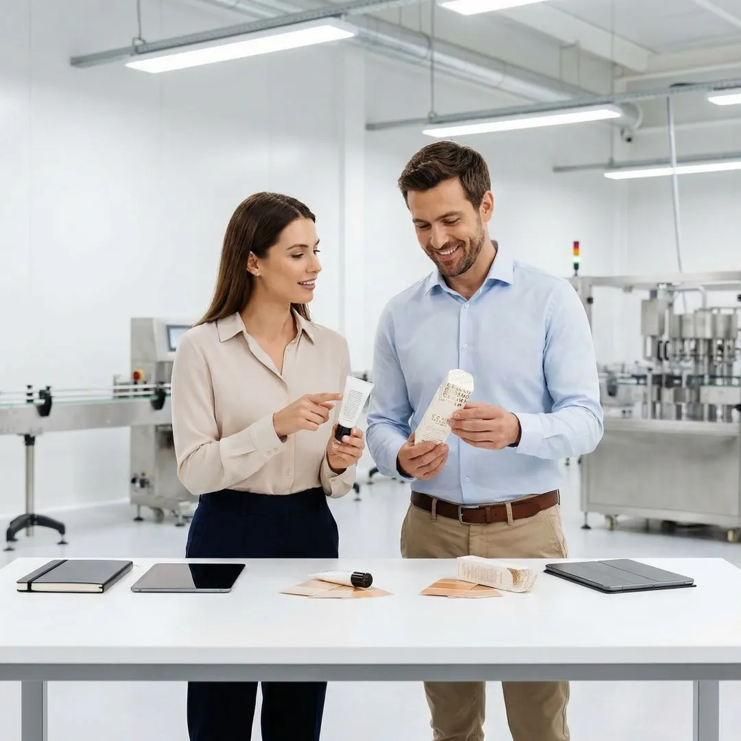 Brand manager reviewing private label product packaging with a co-packing specialist