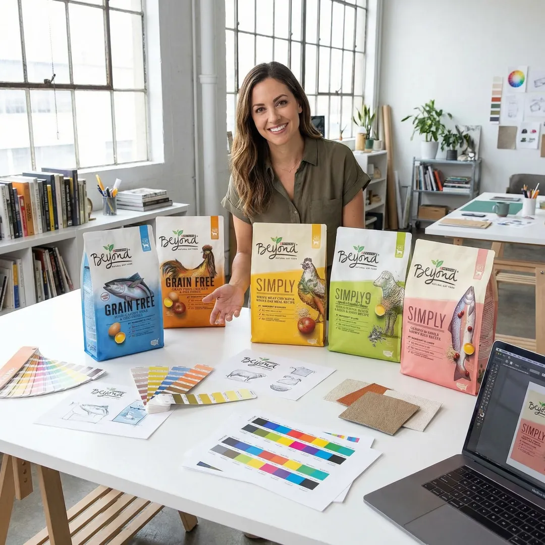Packaging designer reviewing pet care product packaging prototypes in a professional studio