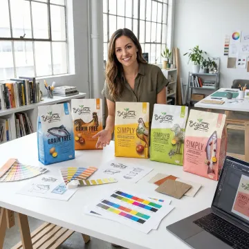 Packaging designer reviewing pet care product packaging prototypes in a professional studio