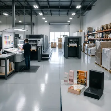 Modern packaging production facility with printing equipment and finished products