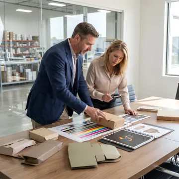 Packaging design team reviewing product samples and print proofs at a modern facility
