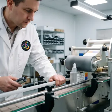 Close-up of precision label application on premium product packaging