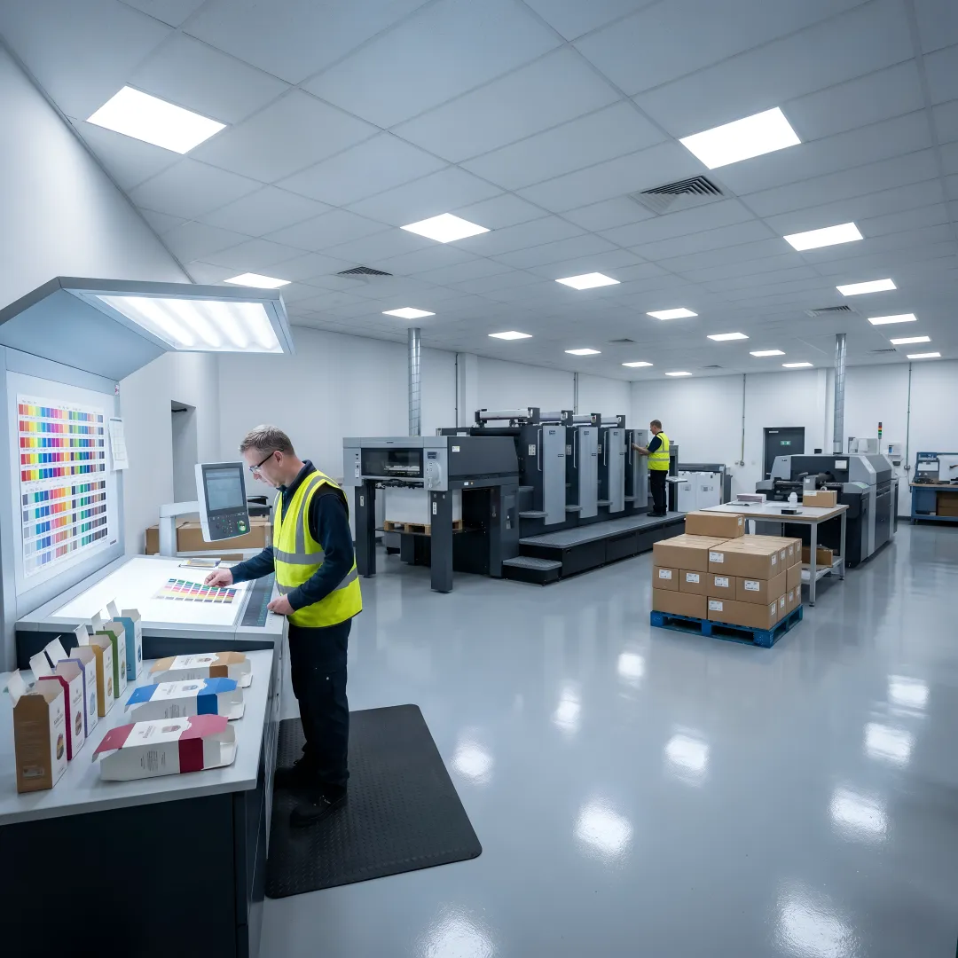 Modern packaging production facility with printing and manufacturing equipment