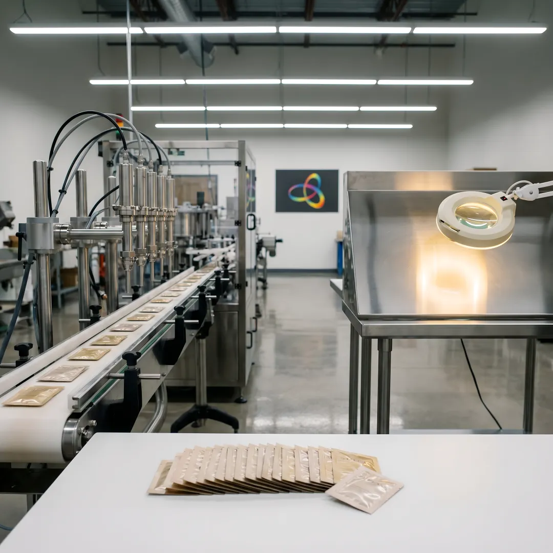 Cosmetic sachet packaging production line with quality inspection