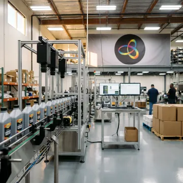 Lubricant packaging production line showing bottles, labeling, and quality inspection