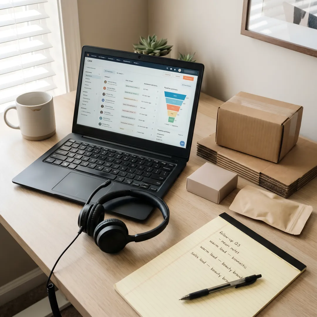 Packaging sales workspace with samples and laptop