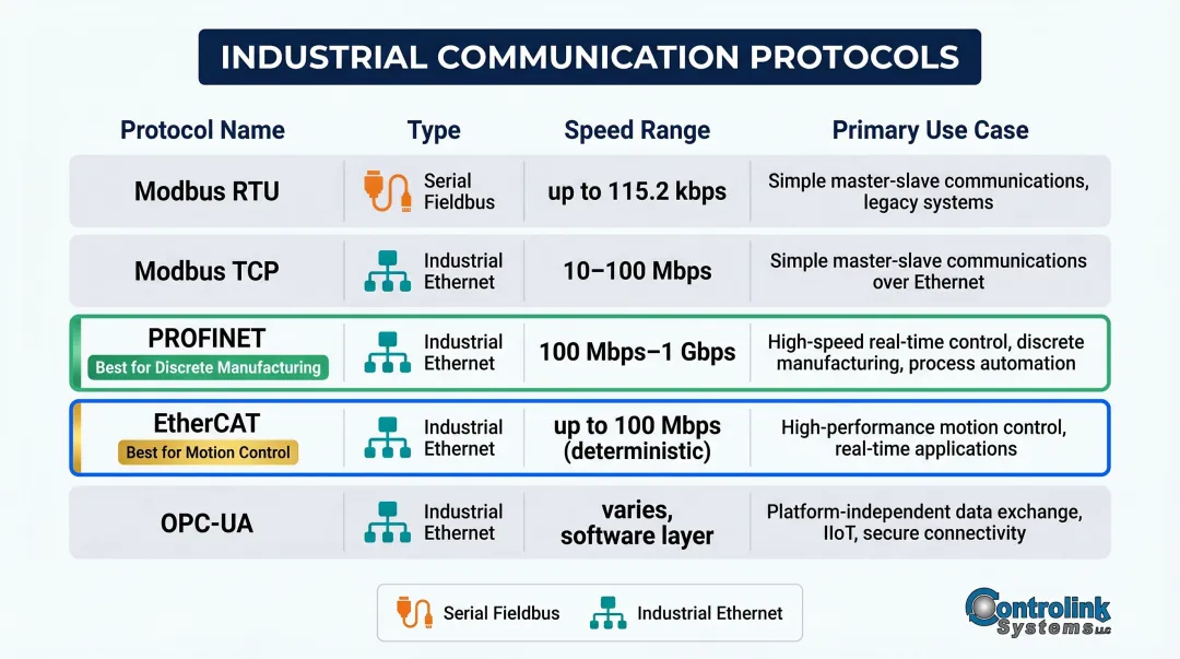 Industrial communication protocols comparison chart by speed type and use case