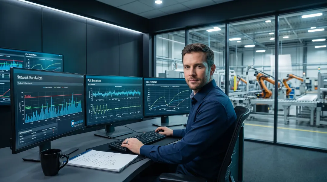 Industrial control room engineer reviewing multi-machine SCADA network capacity dashboard