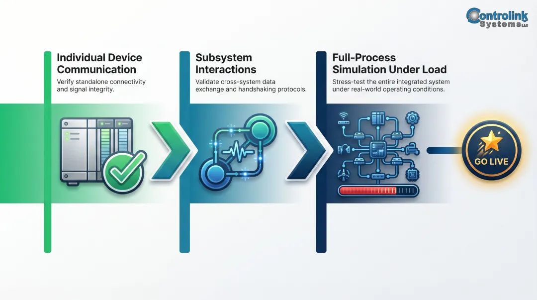 Three-stage process control system commissioning and testing sequence flow diagram