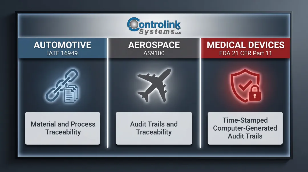 Three-industry regulatory compliance requirements for process control integration infographic