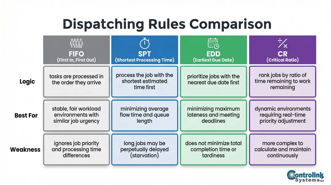 Four job dispatching priority rules comparison chart FIFO SPT EDD CR