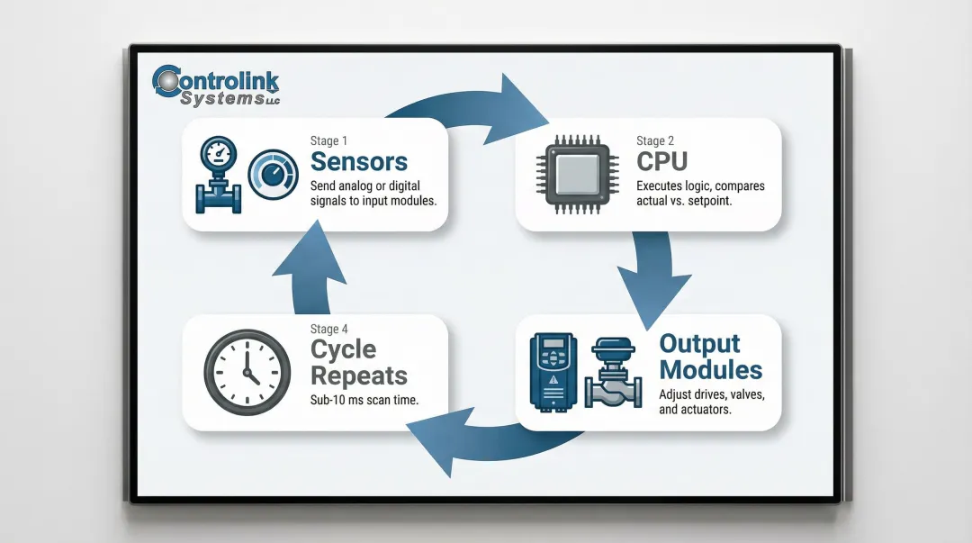 4-step PLC closed-loop flow control cycle from sensors to output adjustment