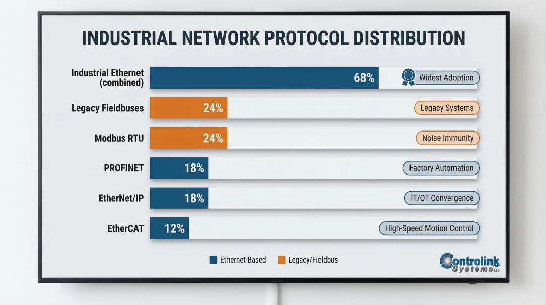 Industrial network protocol market share comparison Ethernet fieldbus legacy systems breakdown