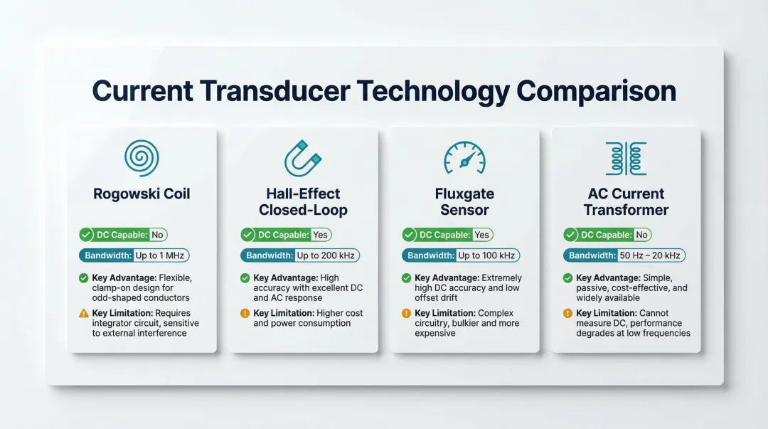 Four current transducer types comparison chart for industrial power measurement