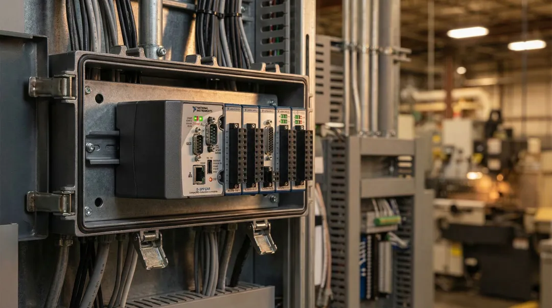 CompactRIO ruggedized embedded controller deployed in industrial manufacturing environment