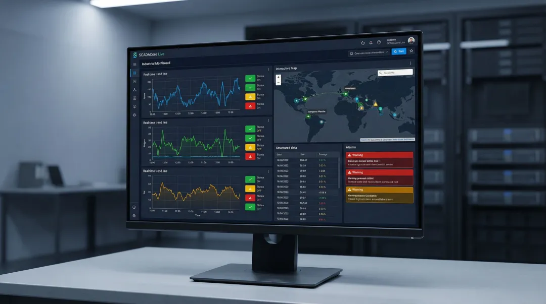 SCADA HMI dashboard displaying real-time factory floor equipment and production data