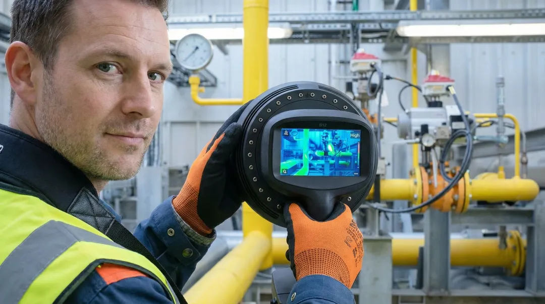Fluke acoustic imager detecting compressed air leak on industrial equipment