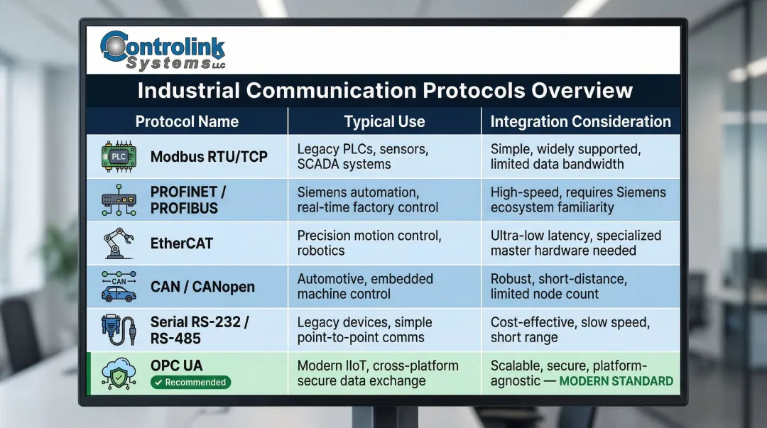 Industrial communication protocols comparison table for brownfield automation integration