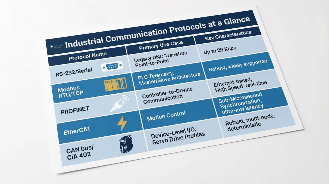 Manufacturing communication protocols comparison table with use cases and key characteristics