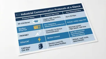 Manufacturing communication protocols comparison table with use cases and key characteristics