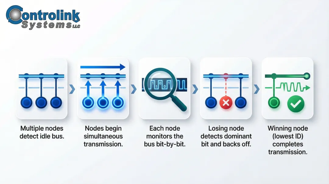 CAN bus non-destructive bitwise arbitration process 5-step flow diagram