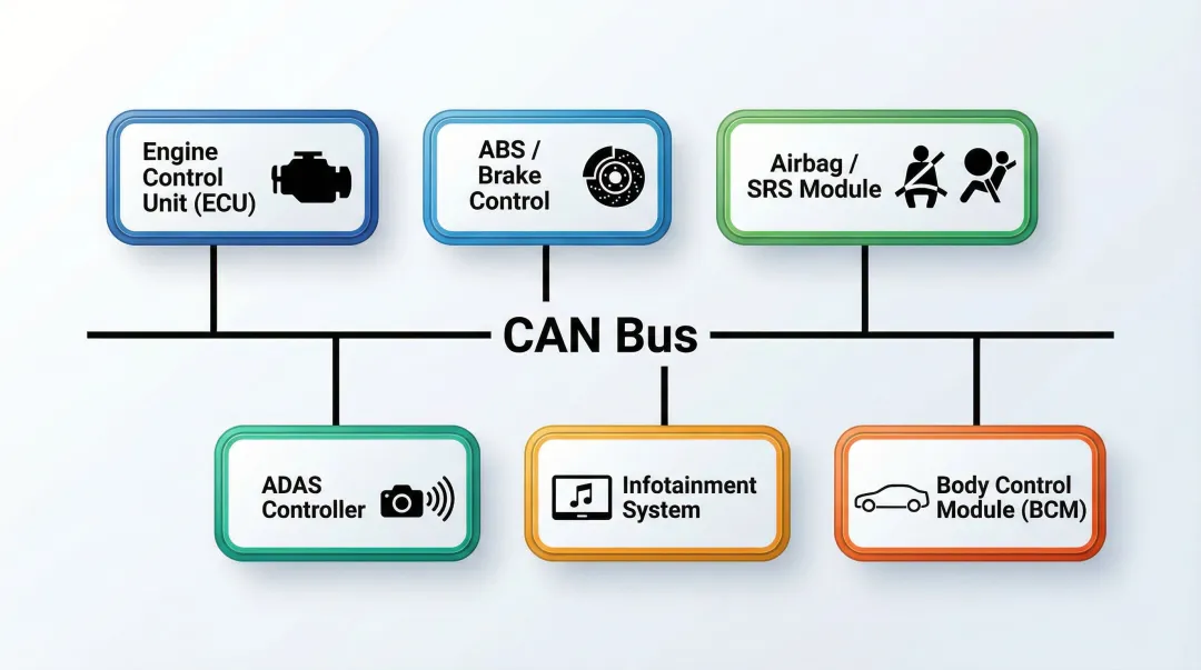 Modern vehicle ECU network diagram showing CAN bus connecting multiple control units