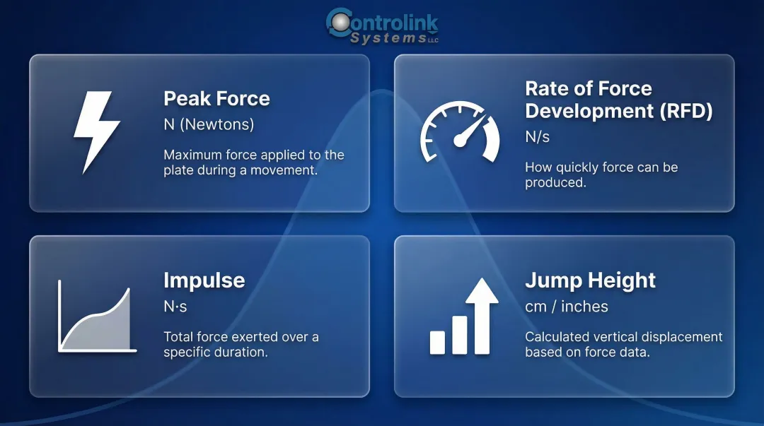 Force plate key metrics comparison peak force RFD impulse and jump height
