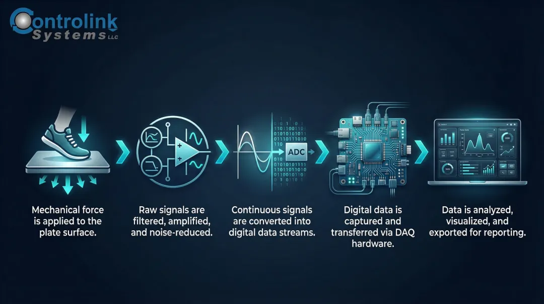 5-step force plate signal pathway from force application to software processing
