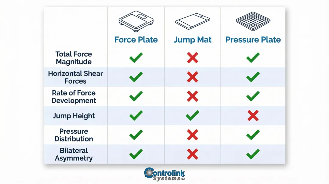 Force plate versus jump mat versus pressure plate capabilities side-by-side comparison chart