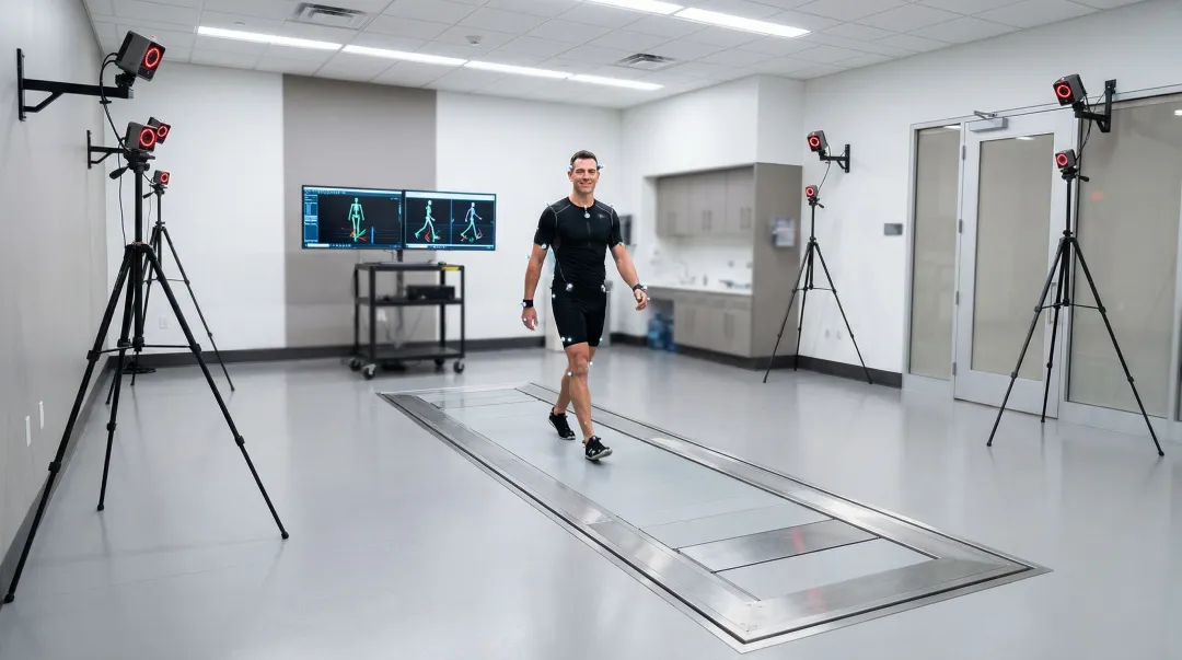 Clinical gait analysis lab with embedded force plates in walkway and motion capture