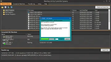 DNC software dashboard displaying CNC program library and machine transfer log