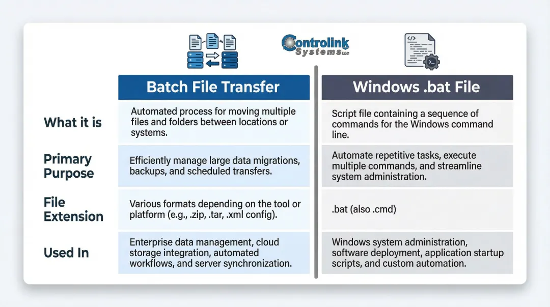 Batch file transfer versus Windows bat file side-by-side comparison infographic